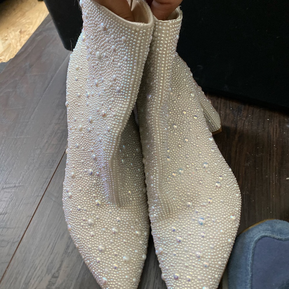 Pearl-Embellished Cream Ankle Booties